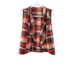 YACUN Rust Brown Plaid Open Front Vest Small Shacket Western Boho Fall‎ Layering